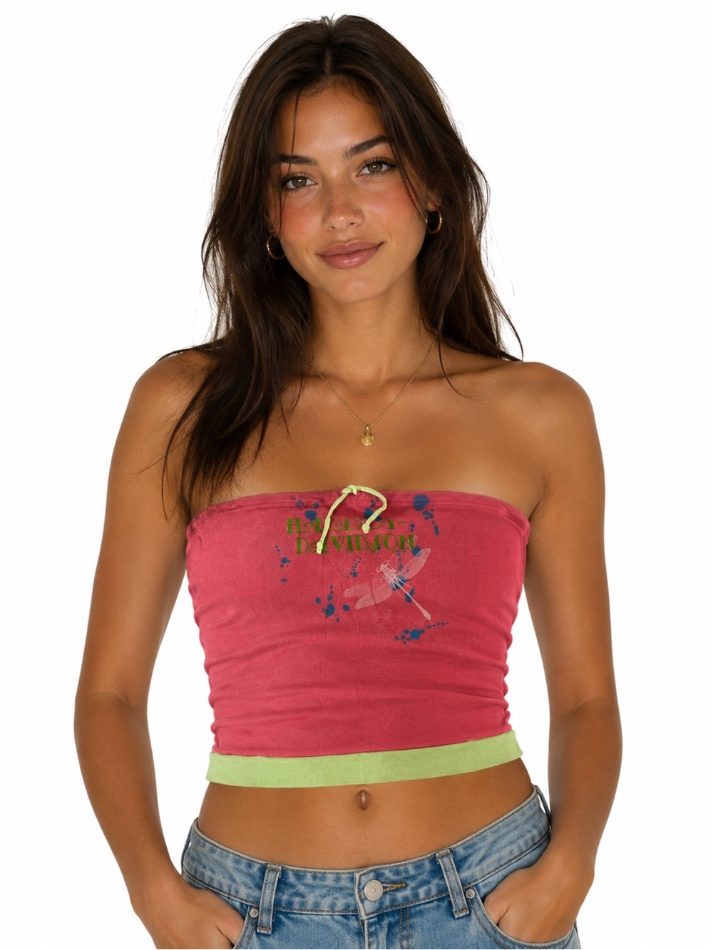 90s Pink Harley Davidson Strapless Top XL Fairy Dragonfly Tube Top Grunge